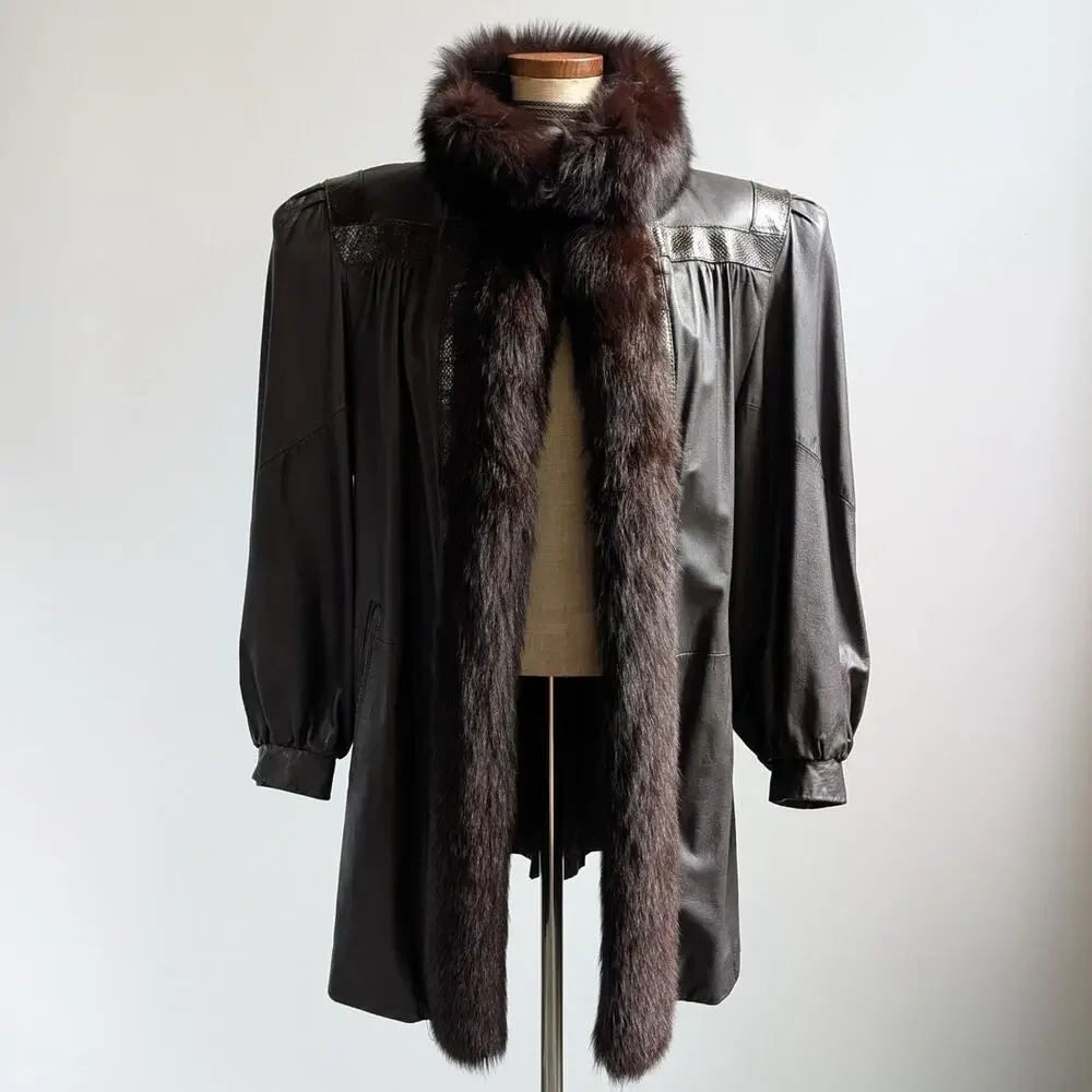 Vintage Leather Penny Lane Jacket Faux Fur Furry 70s Afghan Tapestry Trench Coat - Picture 3 of 16